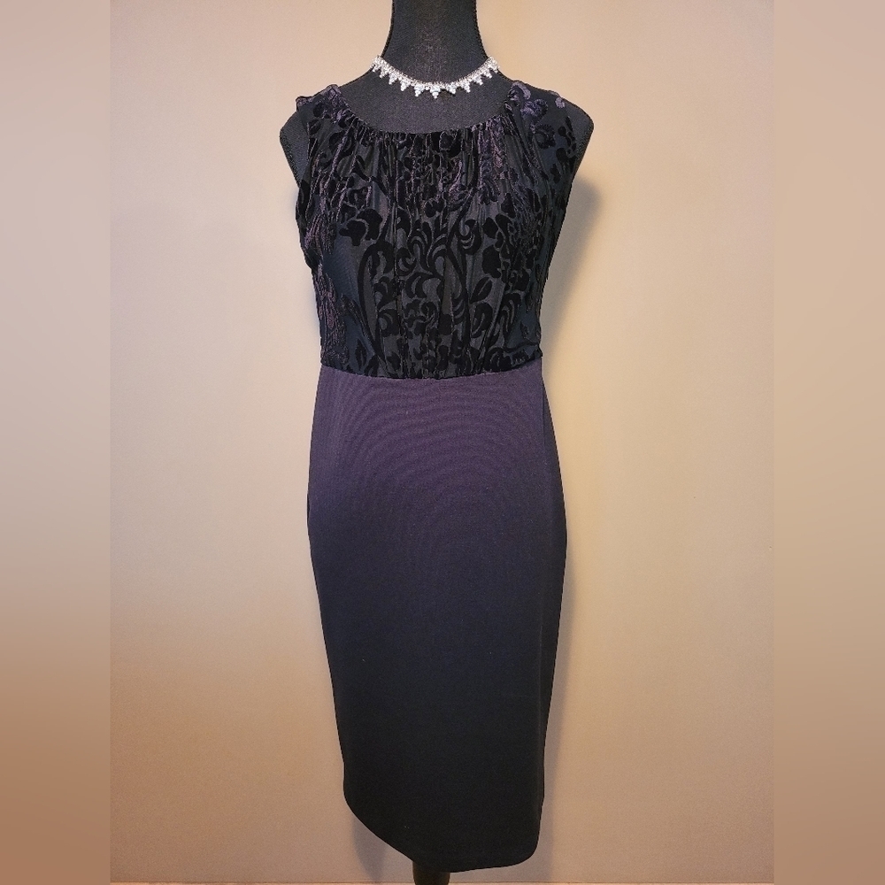 NWT JESSICA Midi Little Black Dress, Flocked Boddess and Jewel Buttons, Size 6